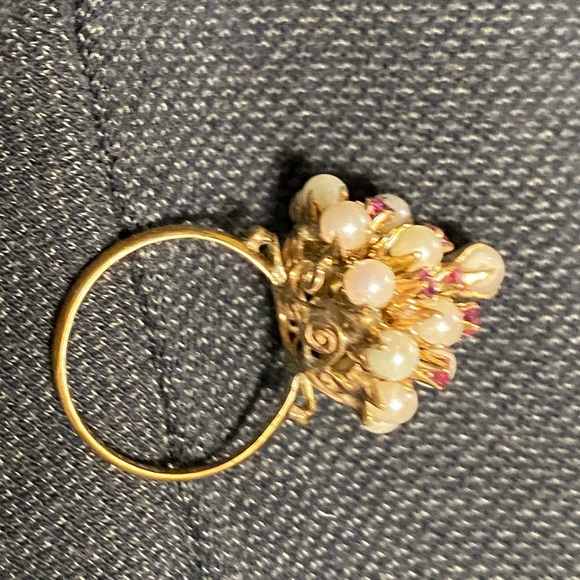 Size 5/6. Antique 18K yellow gold ring with real pearls & pink sapphires. Rare - Picture 5 of 6